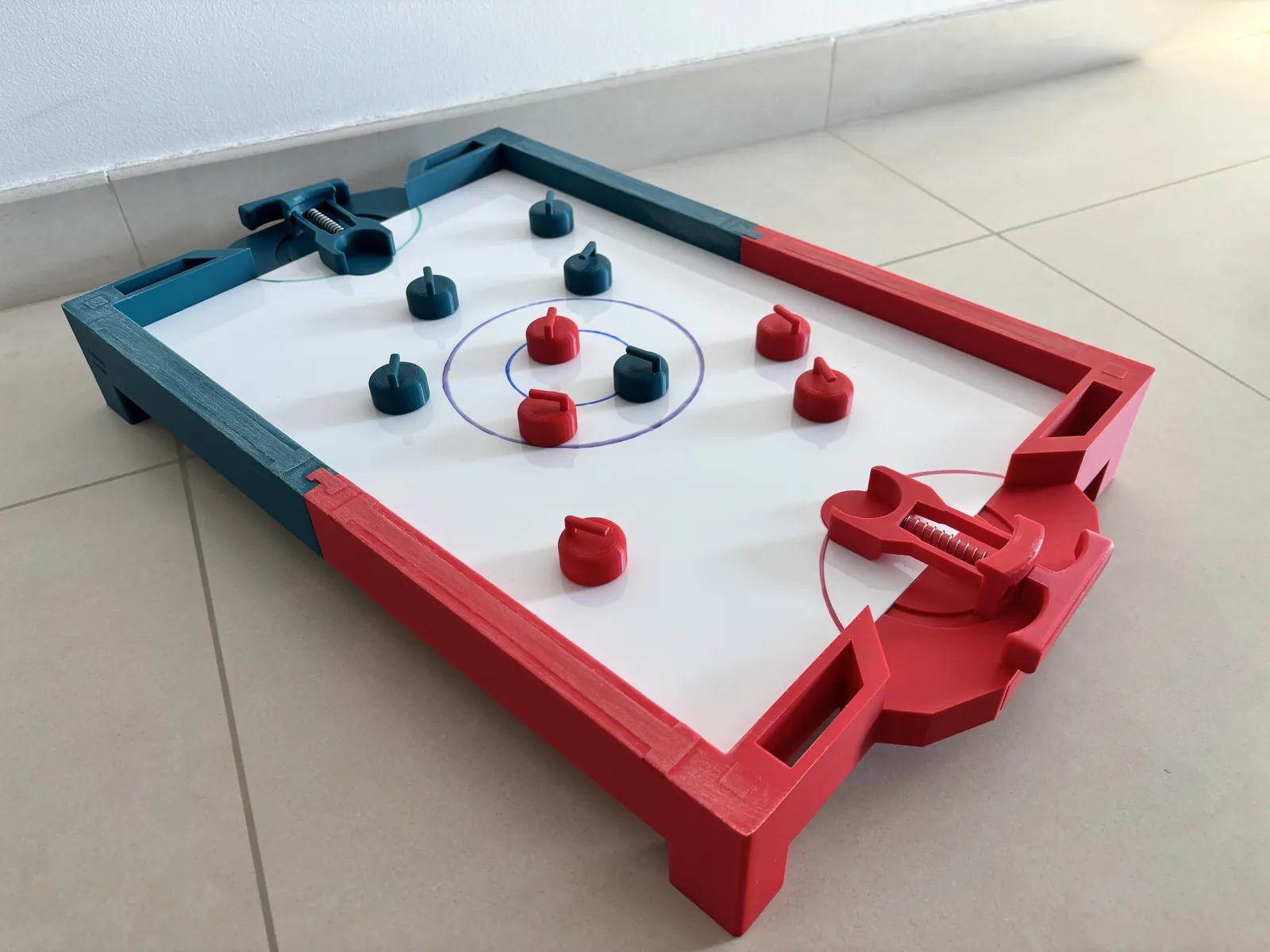 Completed 3D-printed tabletop curling game
