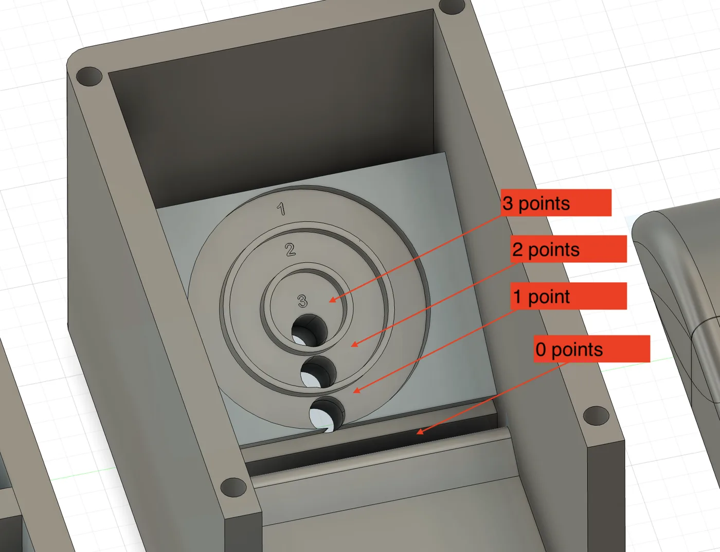 CAD close-up of Skee Ball scoring lanes labelled zero to three
